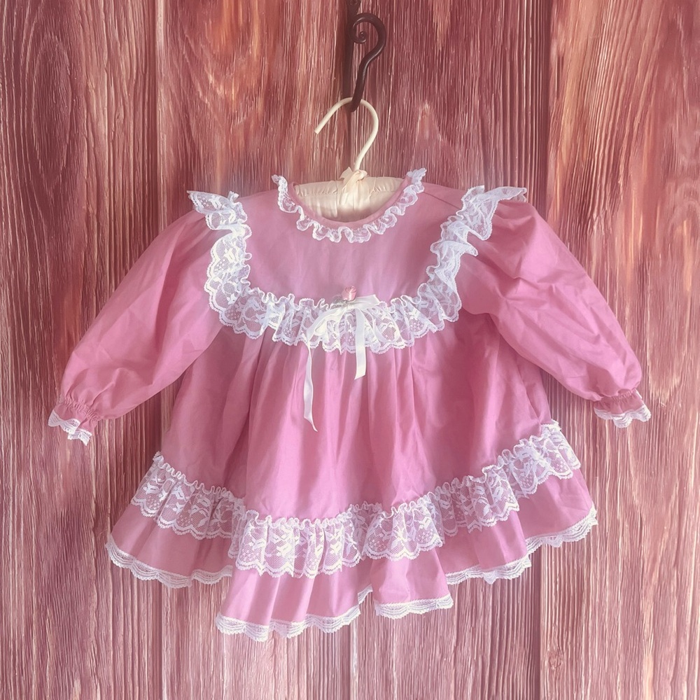 Vintage 1990’s Bryan Pink Baby Dress with White Lace size 18 month